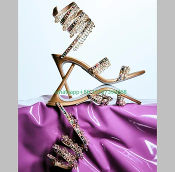 הגברת נצנצים אלגנטי ריינסטון עקבים סנדלים בוהן פתוח צבעוני בלינג סקסי slingback משאבות stiletto עקב קריסטל עיצוב נעליים