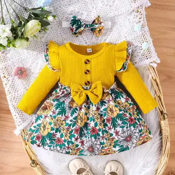 הקיץ 2023 החדשים בנות שרוול ארוך קפלים קשת הדפס פרחוני צהוב חמוד Infantil הילדה חמוד צד שמלה Custume 0-2T