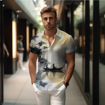 הקיץ החדשה של הגברים חולצה ריברסייד נוף 3D מודפס של גברים חולצת סגנון מקרית של גברים חולצה אופנה באיכות גבוהה גברים החולצה