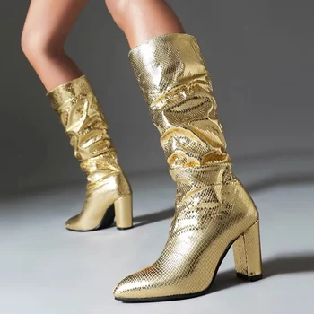 זהב כסף עקבים זמן מגפי נשים סקסי מחודד בוהן הברך מגפיים גבוהים אישה בתוספת גודל 42 Slip-On קפלים נעלי עור PU