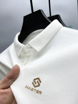 חדש 2023 גברים שרוול ארוך חולצת פולו סתיו עסקי פנאי אופנה משובח הדפסה קוריאני סגנון מוצק צבע פולו צוואר חולצת הטריקו