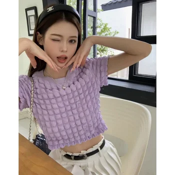 חולצה לנשים סגול מוצק משובח אישית מגמת אופנת רחוב שיק אופנה קוריאנית Y2K סגנון 2023 הקיץ הנשי העליון