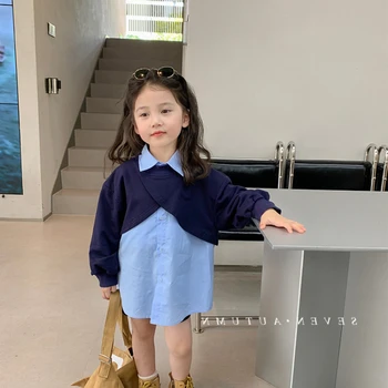 חולצות בנות החולצה סתיו אביב שרוול ארוך מזויף שני חלקים סווטשירט ילדים בגדי ילדה חולצת בית הספר הקוריאני בגדי בנות
