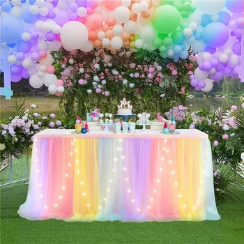 טול שולחן חצאית עם אורות LED 6FT בד השולחן עבור להולדת התינוק חתונה, מסיבת יום הולדת בר בבית שולחן ליל כל הקדושים קישוטים
