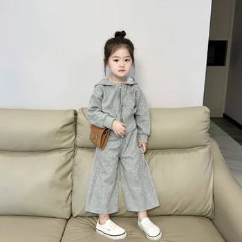 ילדים קבוצה בגדי בנות מקרית החליפה מותק סגנון קוריאני עם ברדס סוודר מעיל רגל ישרה מכנסיים אופנתיים שני חתיכת קבוצה