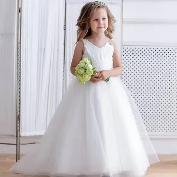 לבן טול נפוחה אפליקציות V-צווארון פרח ילדה שמלות ללא שרוולים החתונה מסיבת יום ההולדת הטקס הראשון Celebratio שמלות