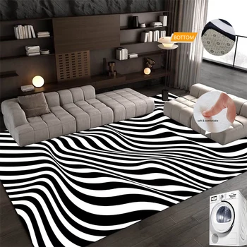 מודרני שחור עם פסים לבנים, שטיחים בסלון קישוט עיצוב פשוט מחצלות גדולות, שטיחים שטח 2x3m נגד החלקה מחצלת רחיץ