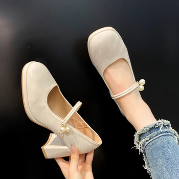מזדמן עקבים שרוכים לוליטה נעליים בוהן מרובע ממותגים משאבות להחליק על סנדלים נשים כל-התאמה 2023 נוח זהב מרי ג 'יין 3 ס