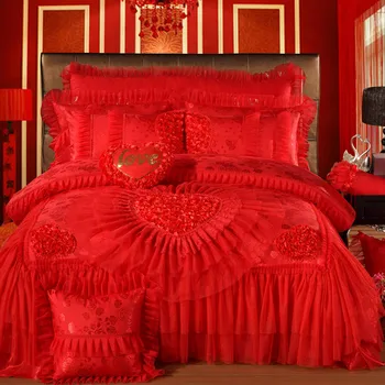 מזרחי תחרה אדום ורוד החתונה יוקרה מלכותית סט מצעים המלכה למלך גודל המצעים גיליון שטוח סט כיסוי השמיכה בחדר השינה
