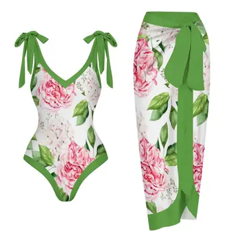 נשי רטרו חתיכה אחת בגד ים ירוק פרח הדפסה חג Beachwear V עמוק הקיץ לגלוש ללבוש 2023