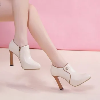 נשים משאבות חדש 2023 אביב עגול הבוהן עור אמיתי רוכסן סופר סקסי עקבים גבוהים נעלי עבודת נשים נעליים בצבע בז'