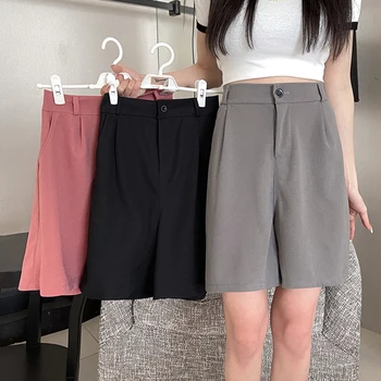 נשים קוריאני גבוהה המותניים מכנסיים כחולים כל אישה להתאים צבע מוצק קצר המכנסיים נשיים הקיץ מקרית רחב הרגל קצרים.