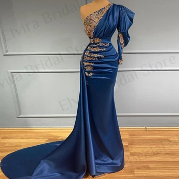 סאטן שמלות ערב אסימטרי כתף אחת רכבת משפט אפליקציה פייטים חרוזים קריסטל בת ים כחול רויאל מודרני צד שמלות