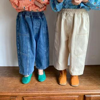 סגנון קוריאני ילדים מזדמנים מכנסי ג 'ינס יוניסקס מנופחים ג' ינס בנים ובנות חופשי כל-התאמה רחבה הרגל המכנסיים 1-7Y
