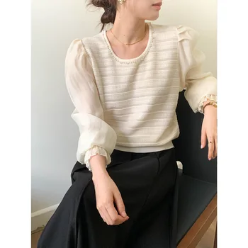 סתיו סגנון קוריאני O-צוואר טלאים נשים Pullovers אופנה אלגנטית תכליתי משרד ליידי חופשי פשוט נוח חולצות שרוול ארוכות
