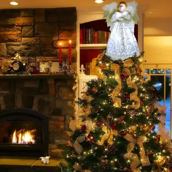 עץ חג המולד טופר עם נוצות הכנף מנצנץ נוצות אנג ' ל עץ טופר לשימוש חוזר החג קישוט עם עוד שמלה