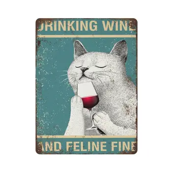 עתיק עמיד מתכת עבה סימן,אוהבים לשתות יין פח סימן,חתול מצחיק יין פח סימן,בציר קיר בעיצוב，חידוש סימנים הביתה K