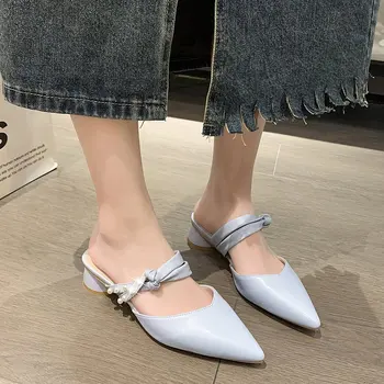 פרל נעלי נשי קיץ סקסי מרובע עם עקבים סנדלים נקבה סנדלים 2023 קוריאנית מגמה חיצונית ורוד מסיבת נעליים 2023