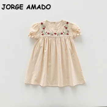 צרפת סגנון חדש קיץ ילדים שמלת ילדה קצר פאף שרוולים רוז רקמה עגול צווארון שמלת נסיכה ילדים בגדים H3091