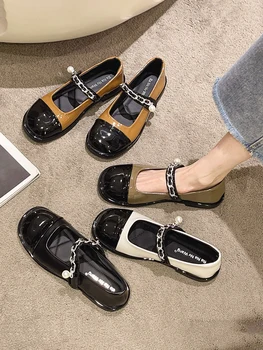 קוריאני נעלי אוקספורד נשים מזדמנים נקבה סניקרס בסגנון בריטי עגול הבוהן דירות פרל Decorateion 2023 עור קיץ יפה וקטנה N