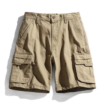 קיץ 100% כותנה מזדמנים מכנסיים קצרים גברים קלאסי רב כיס מוצק צבע מכנסיים קצרים Mens אופנה אצן הברך אורך המכנסיים.