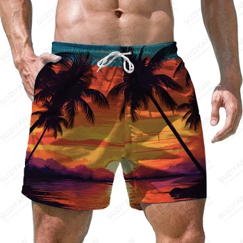 קיץ גברים חדשים של מכנסיים קצרים עץ קוקוס השקיעה 3D מודפס של גברים מכנסיים קצרים חופשה בסגנון של גברים מכנסיים אופנתיים מקרית של גברים מכנסיים קצרים