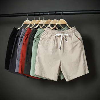 קיץ גברים כותנה פשתן פשוט מכנסיים קצרים נוחים מזדמן משוחרר הביתה מכנסיים קצרים חדשים צבע מוצק אלסטי המותניים שרוך במכנסיים קצרים.