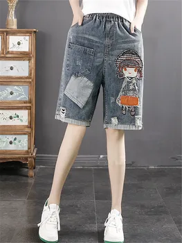 קיץ חדש בציר נשים בגדים אלסטי המותניים וינטג 'ינס מכנסי ג' ינס Feminino טלאים, רקמה קרע ג ' ינס גודל גדול