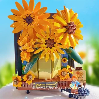 רעיונות ואן גוך חמניות בעציץ הזר אבני הבניין השמש פרח 3D דגם מסגרת תמונה לקישוט הבית לבנים צעצוע Diy מתנות