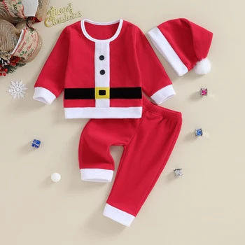 תינוק בייבי בנים בנות סנטה תלבושת שרוול ארוך חג המולד חולצות, מכנסיים ארוכים חג המולד כובע 3pcs בגדים סטים